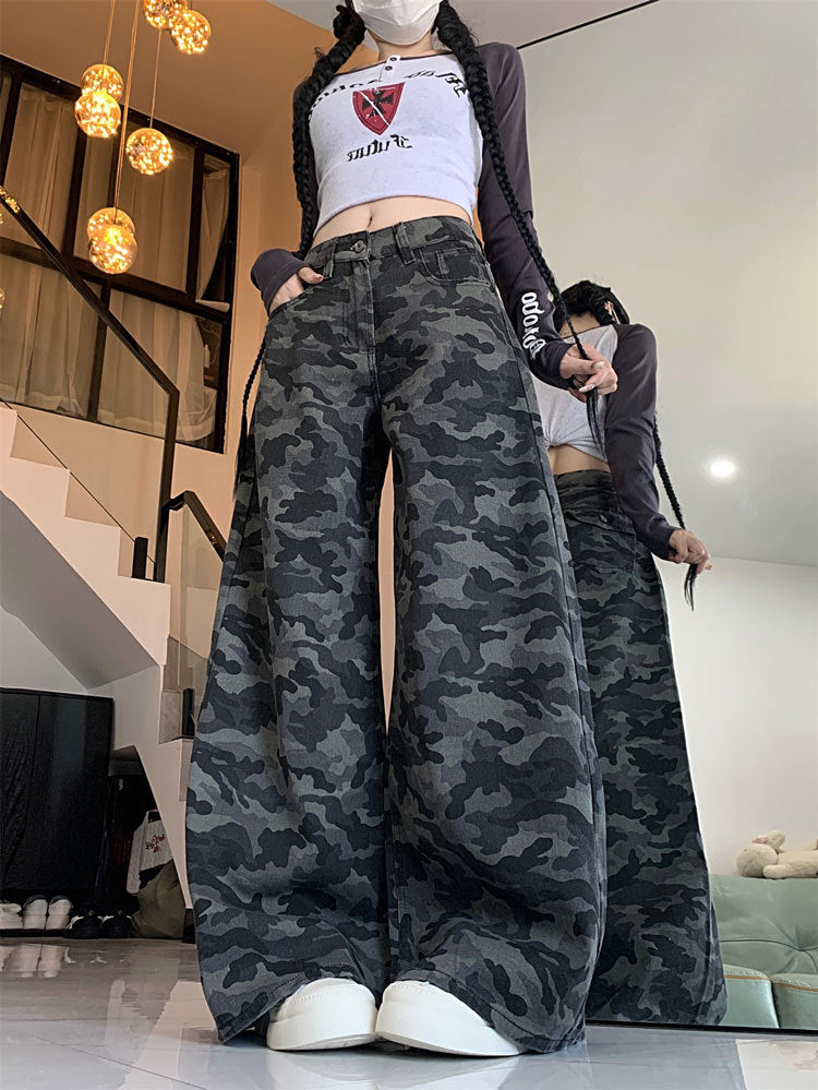 Plus Size Workwear Wide-Leg Camouflage Jeans for Women, Autumn American Style, Loose Retro Drape, Lazy Straight Pants for Chubby Women
