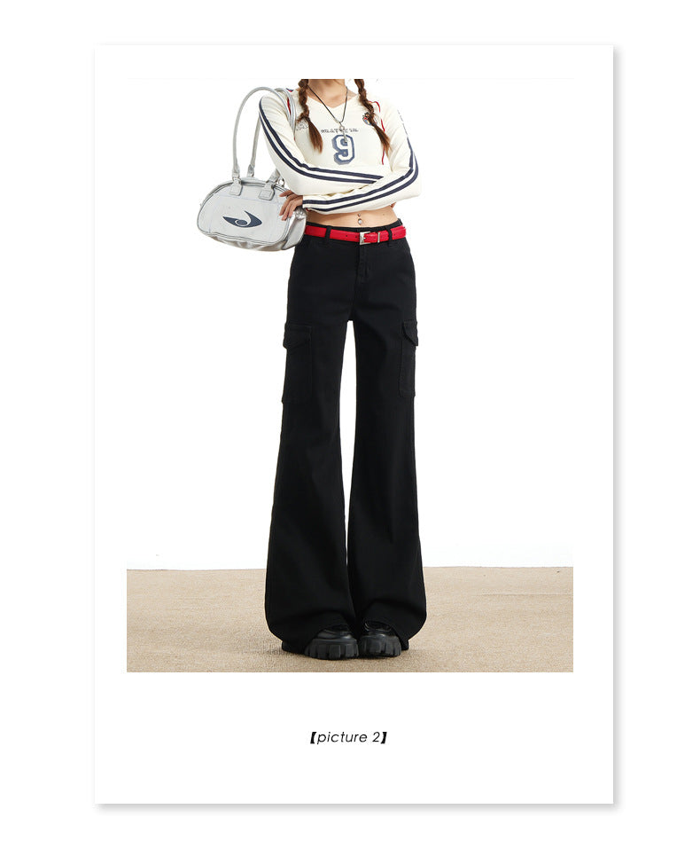 Eye-Catching Autumn and Winter Black Workwear Mid-Waist Elastic European and American Slightly Flared Wide-Leg Floor-Length Casual Jeans for Women