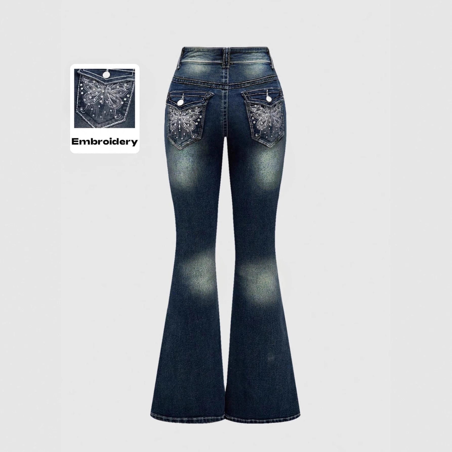 European and American Cross-Border Popular Women's Clothing Slim Fit Flared Jeans with Back Pocket Embroidery and Rhinestones Women Jeans