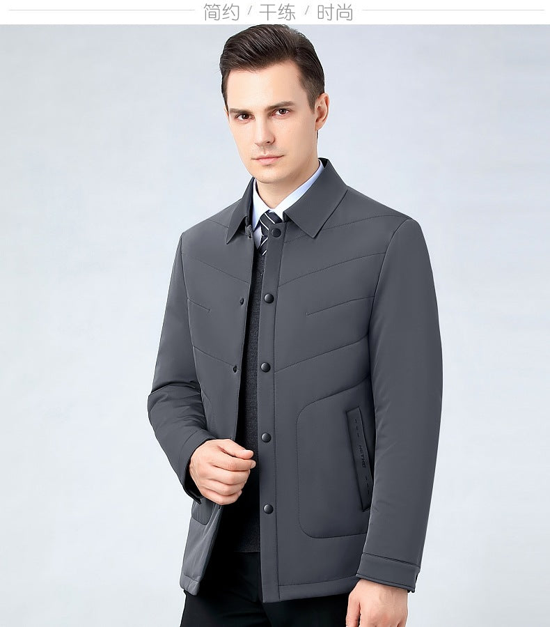 2025 Winter Mulberry Silk Men's Cotton Jacket with Turn-Down Collar, Quilted Middle-Aged Business Casual Cotton Coat for Dad