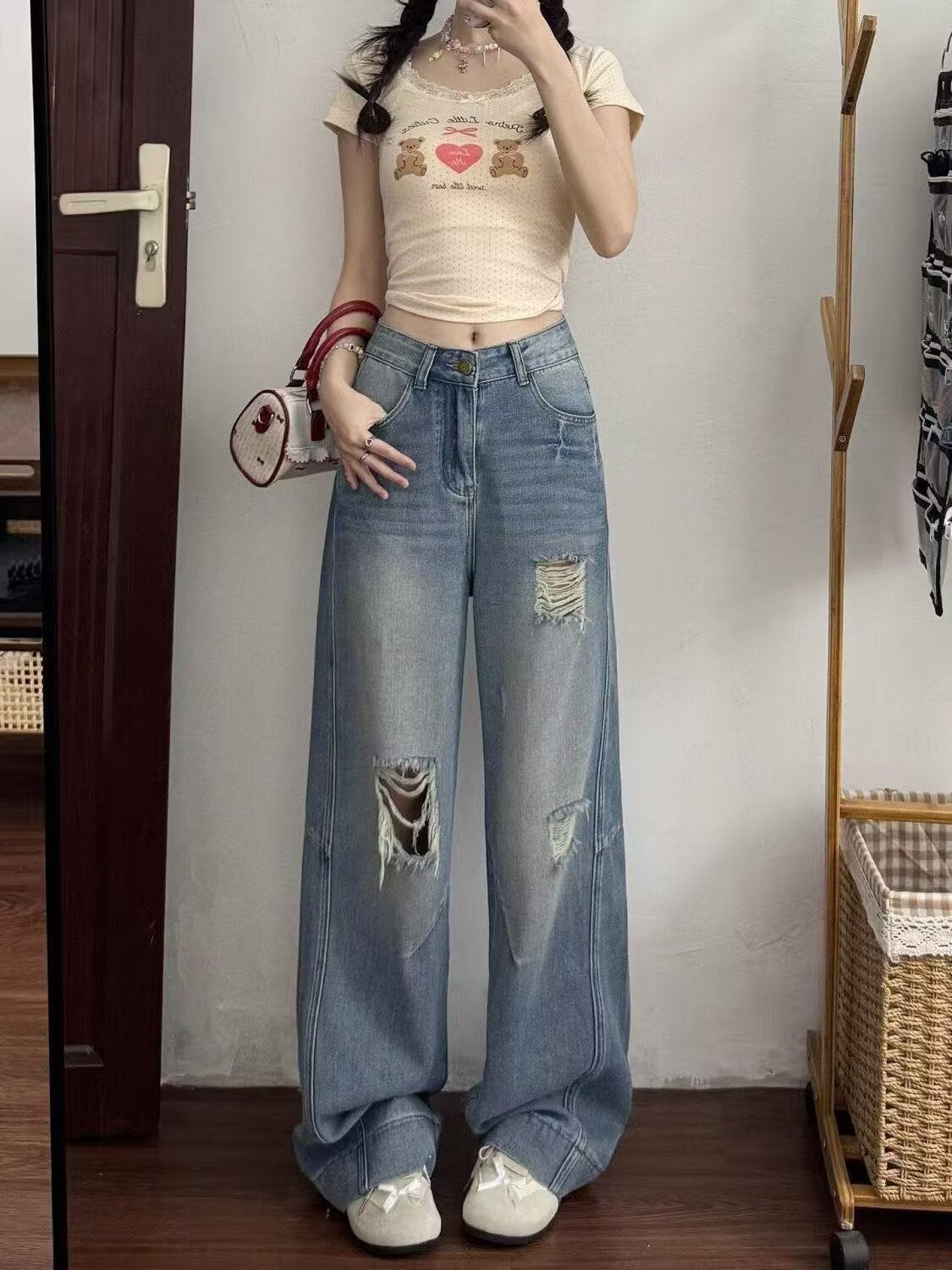 American Style Ripped Jeans for Women, Autumn New Plus-Size High-Waisted Pear-Shaped Figure Slimming Loose Wide-Leg Pants