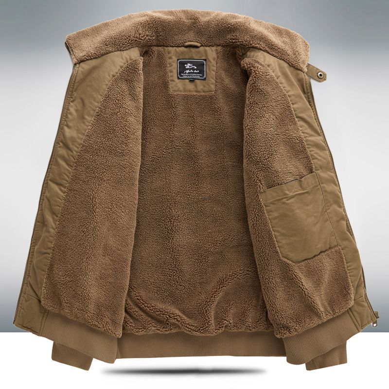 2024 Autumn/Winter New Cross-Border Men's Fleece-Lined Cotton Jacket with Stand Collar, Neck Protection, Cold-Proof, Washable Cotton Coat, Pure Cotton Outerwear