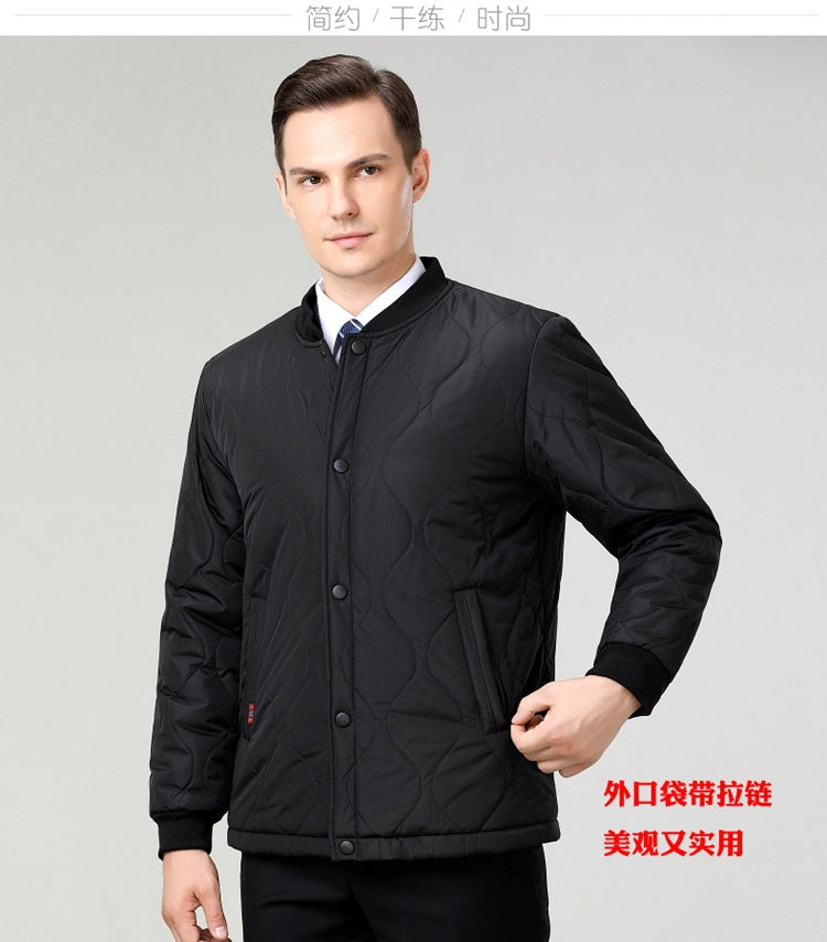 2024 Winter New Style Fleece-Lined Warm Cotton Jacket for Middle-Aged Men, Stand-Up Collar Short Style Cold-Proof Cotton Coat, Padded Large Size Dad's Jacket