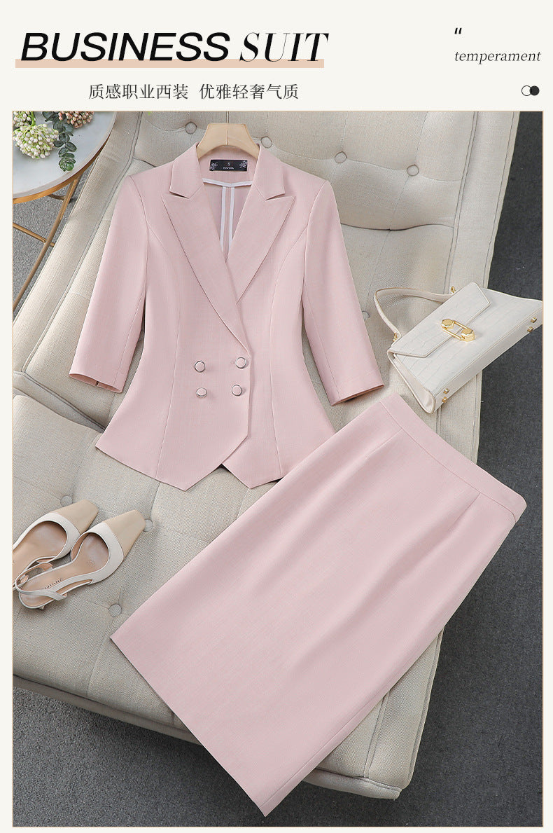 Cross-Border Professional Attire Pink Three-Quarter Sleeve Suit Skirt Women's Spring and Summer New Beauty Salon Work Clothes Over-The-Knee Skirt