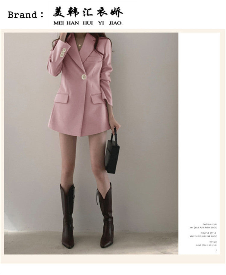 khaki Suit Jacket Women's Spring and Autumn Korean-style Ins Hong Kong-style Retro Top Tight Waist Slimming Mid-length Small Suit