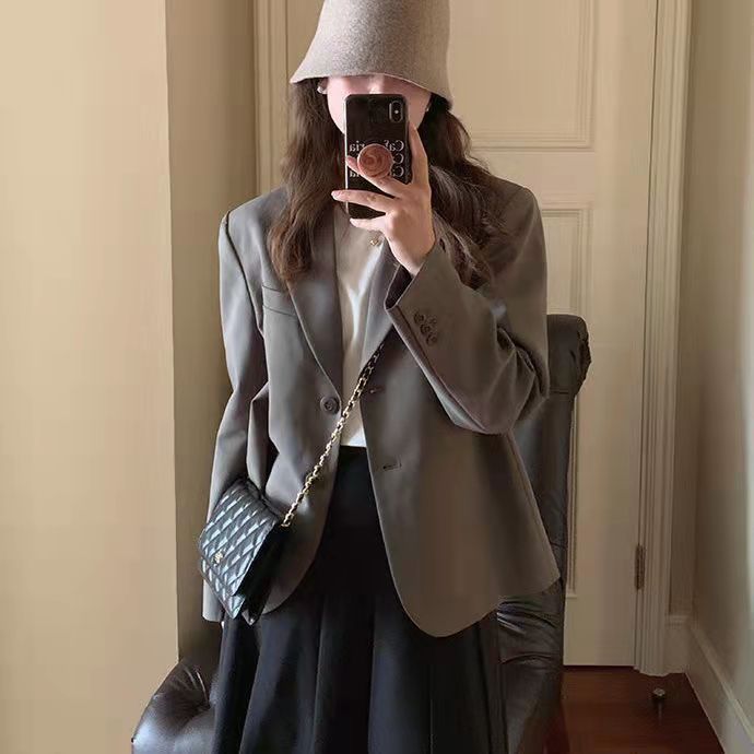 [15,400 People Collection] Small Suit Jacket Women Korean Loose 2025 Spring and Autumn British Style Gray Small Suit