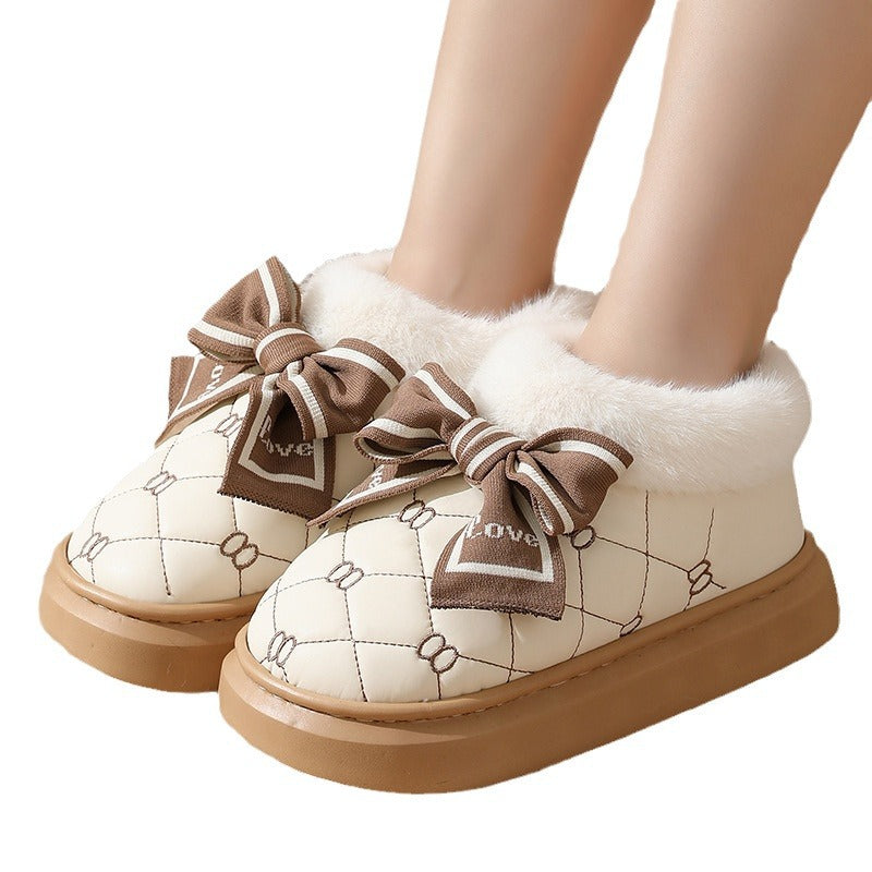 High-value Bow Waterproof Cotton Shoes Women's Bag Heel Winter Indoor Home fleece-lined Non-slip Cotton Slippers for Outer Wearing to Keep Warm