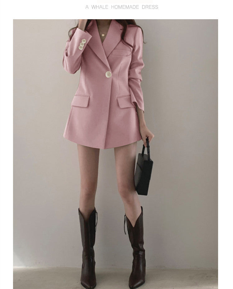khaki Suit Jacket Women's Spring and Autumn Korean-style Ins Hong Kong-style Retro Top Tight Waist Slimming Mid-length Small Suit