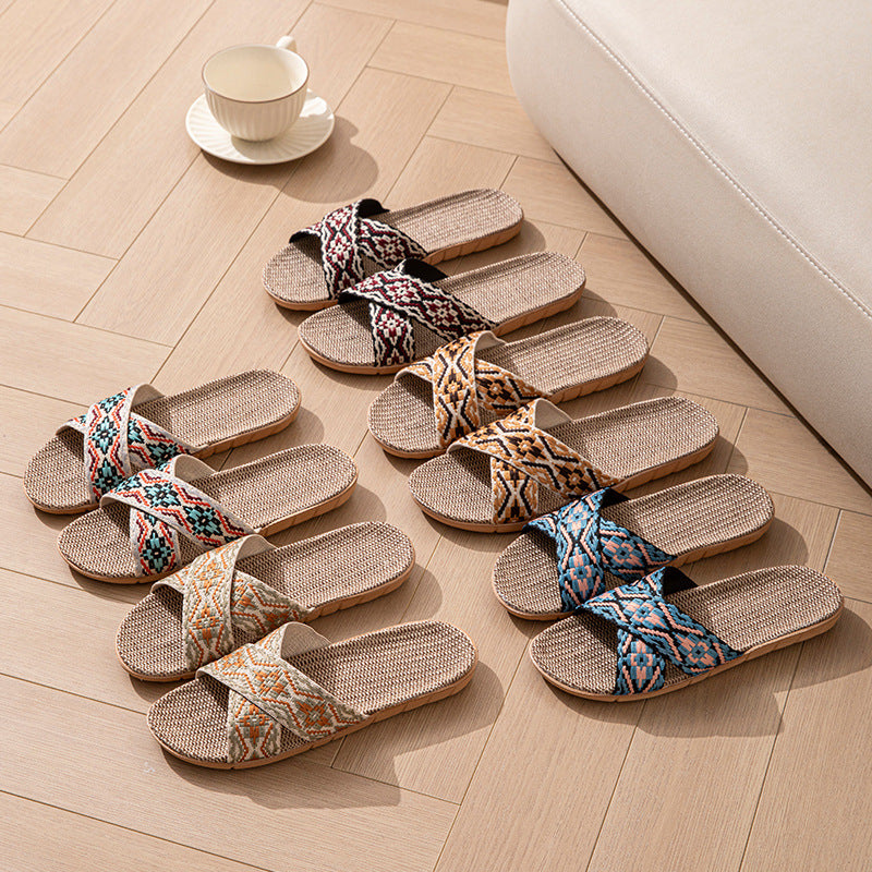Open Open Toe Cross Linen Four Seasons Men and Women Couple Home Floor Slippers Linen Summer Sandals