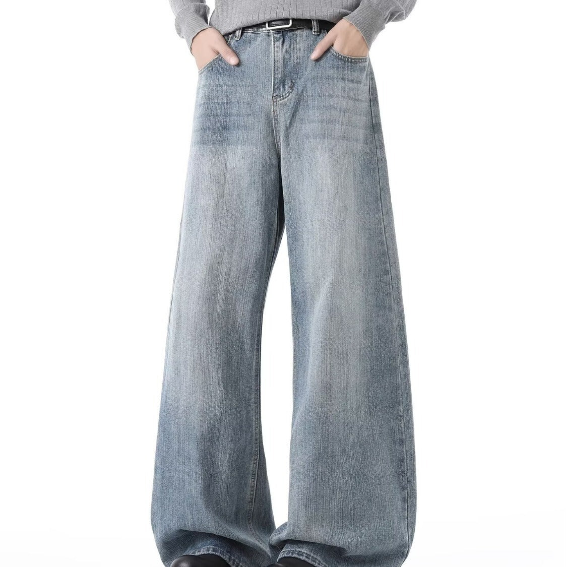 Spring and Autumn American Retro Blue Versatile Wide-Leg Men's Jeans, Stylish Hip-Hop Loose Petite Drape Straight Pants