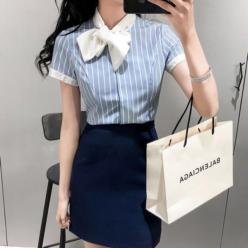 Front Desk Reception Work Wear High-End Business Attire Suit Women's Shirt Flight Attendant Stripesd Bow Business Attire Workwear
