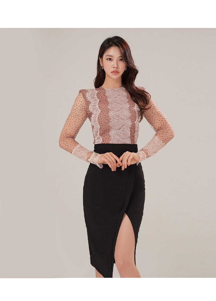 Foreign Trade Women's Clothing 2025 Spring and Summer Round Neck Sexy Polka Dot Mesh Slim Top + High Waist Slim Slit Hip Skirt