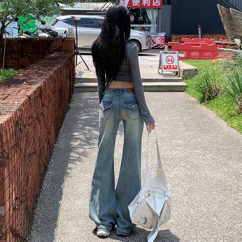 American Hot Girl Washed Retro Slim Jeans for Women Early Autumn New Versatile Fashionable and Comfortable Low-Waist Micro-Flared Pants