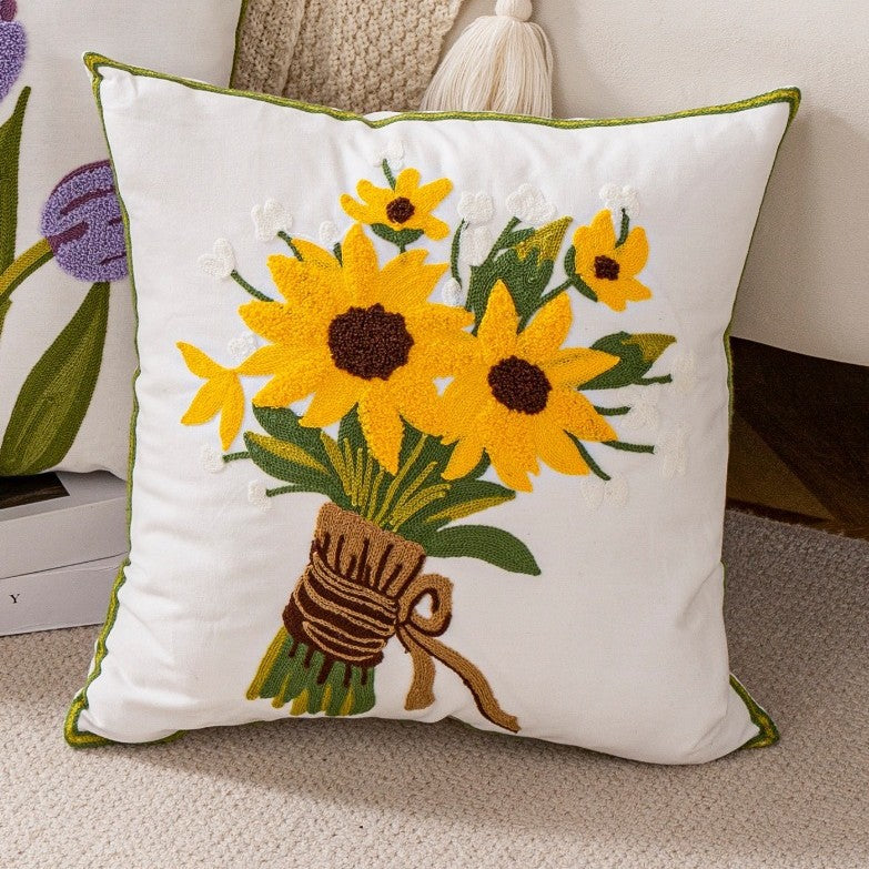 Nordic Towel Embroidered Embroidered Embroidered Pillow Living Room Cream Sofa Cushion Flower Model Room Bay Window Cushion Cover