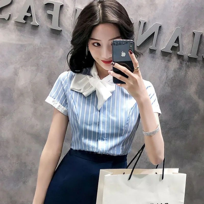 Front Desk Reception Work Wear High-End Business Attire Suit Women's Shirt Flight Attendant Stripesd Bow Business Attire Workwear