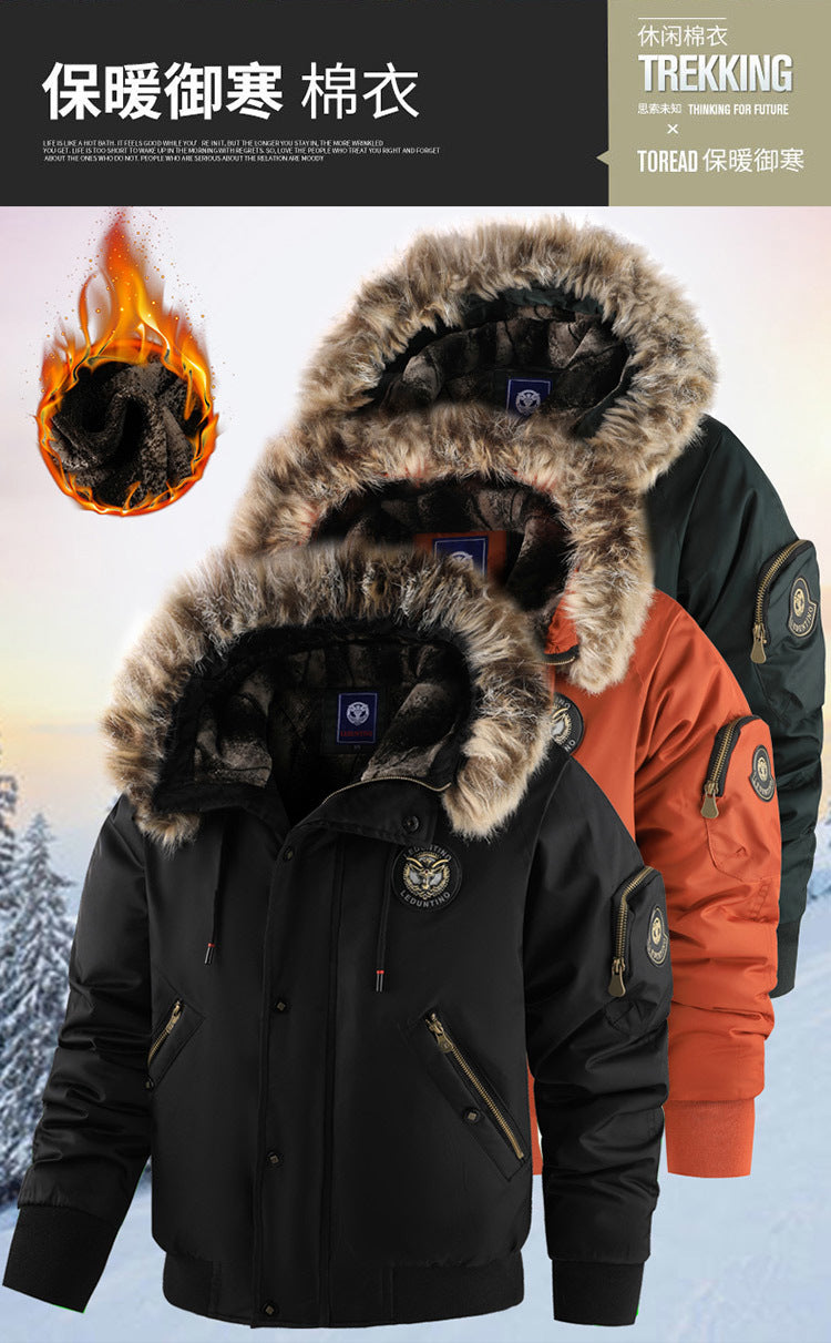 New Winter Fleece-Lined Thick Casual Men's Cotton Jacket, Warm Trendy Coat with Hood, Loose Fit, Plus Size Cotton Clothing
