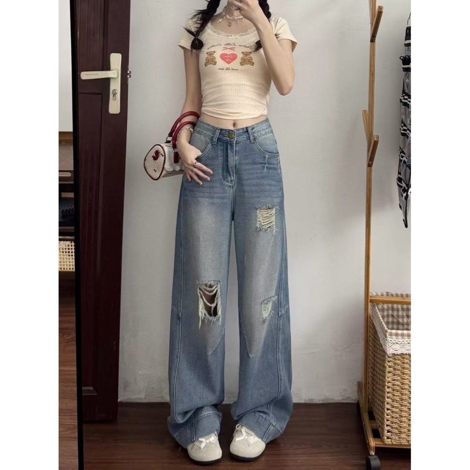 American Style Ripped Jeans for Women, Autumn New Plus-Size High-Waisted Pear-Shaped Figure Slimming Loose Wide-Leg Pants