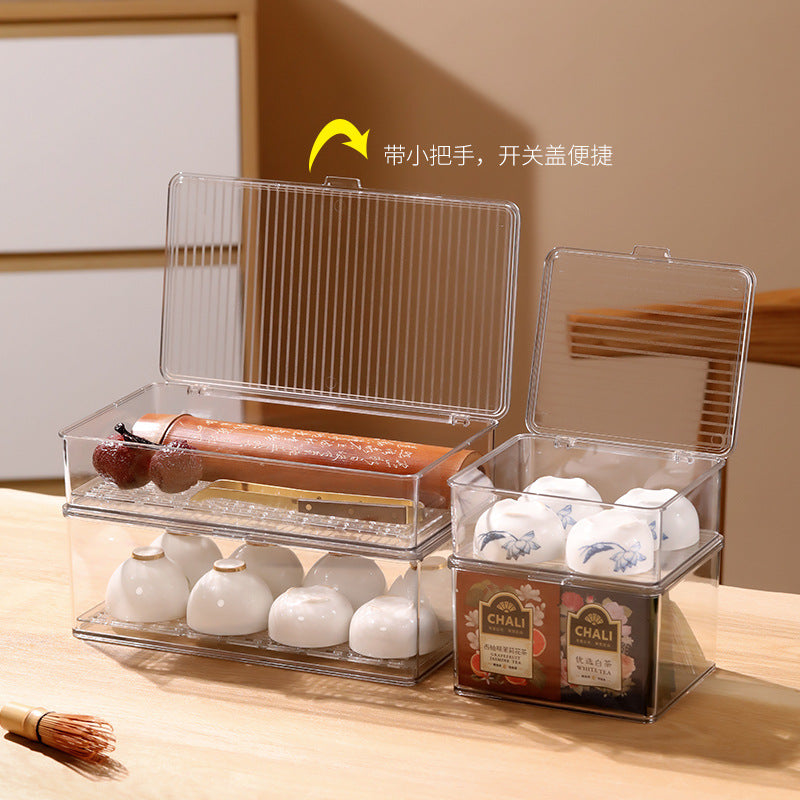 Tea Set Storage Box with Lid Dust-Proof Transparent Tea Table Desktop Tea Cup Storage Rack Kung Fu Teapot Storage Rack
