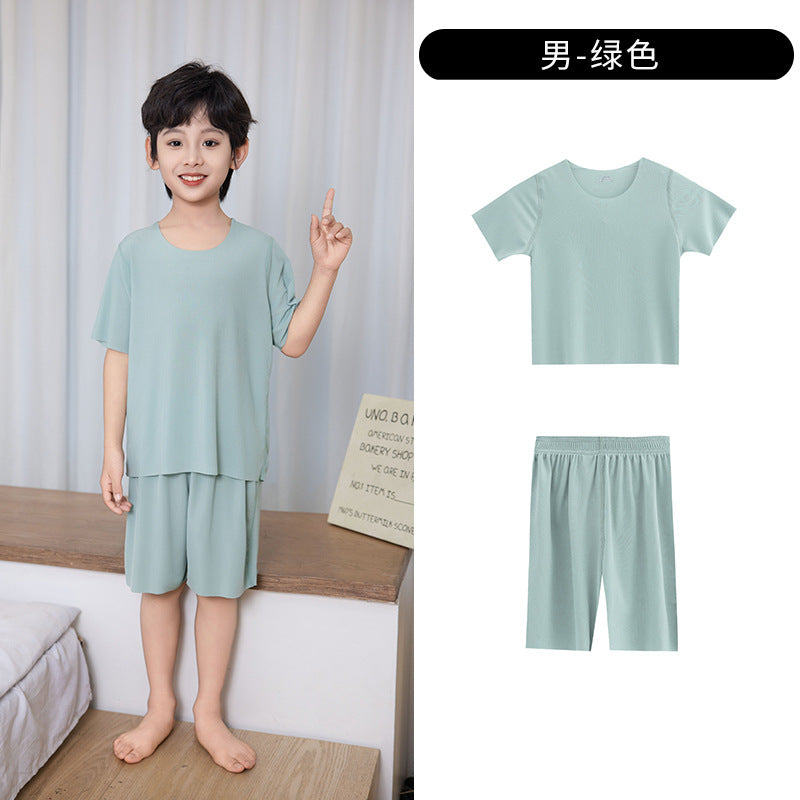 Summer New Style Boys' Short-Sleeved Loose Seamless Ice Silk Home Clothes Children's Two-Piece Set Girls' Pajamas Set Wholesale