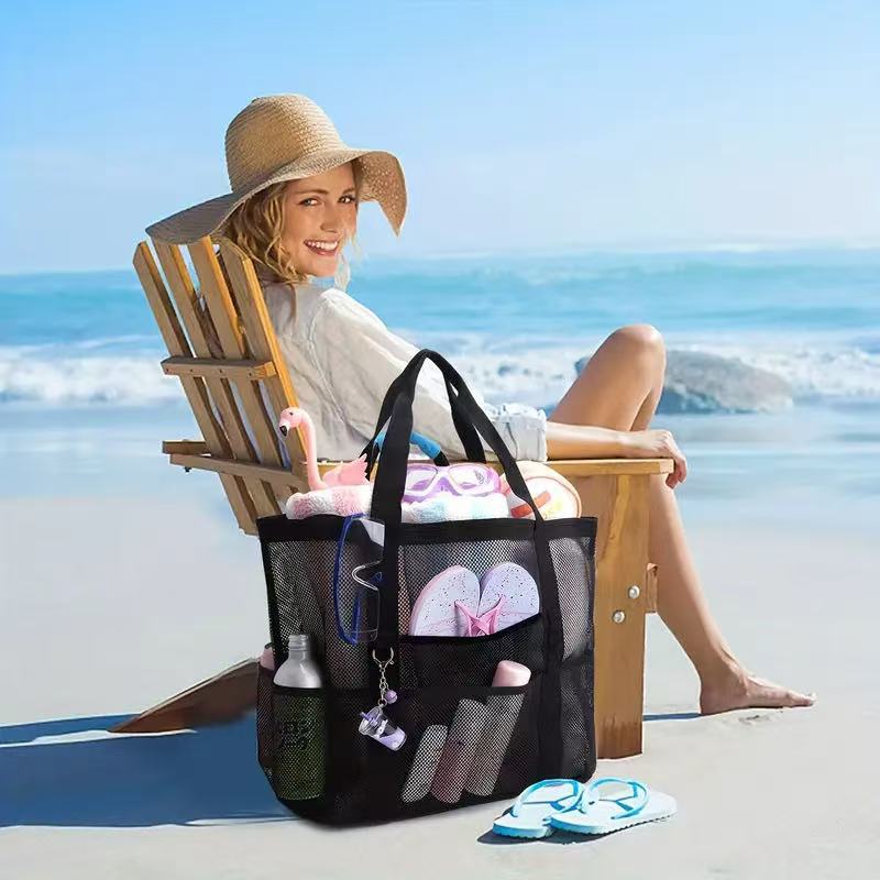 Beach Bag Shoulder Bag Mesh Beach Bag 8-Pocket Bathroom Bag Toy Storage Bag Large Capacity Mesh Cut Out Bag