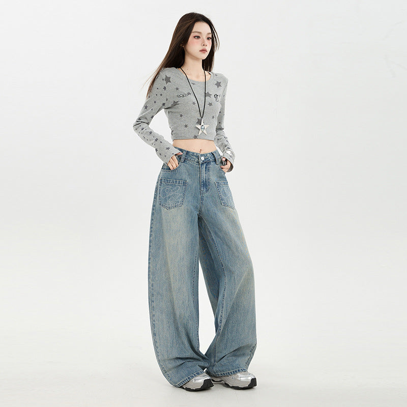 Raccoon House # American Retro Design Embroidered Jeans for Women 2025 Autumn New High-Waisted Loose Wide-Leg Pants Trendy