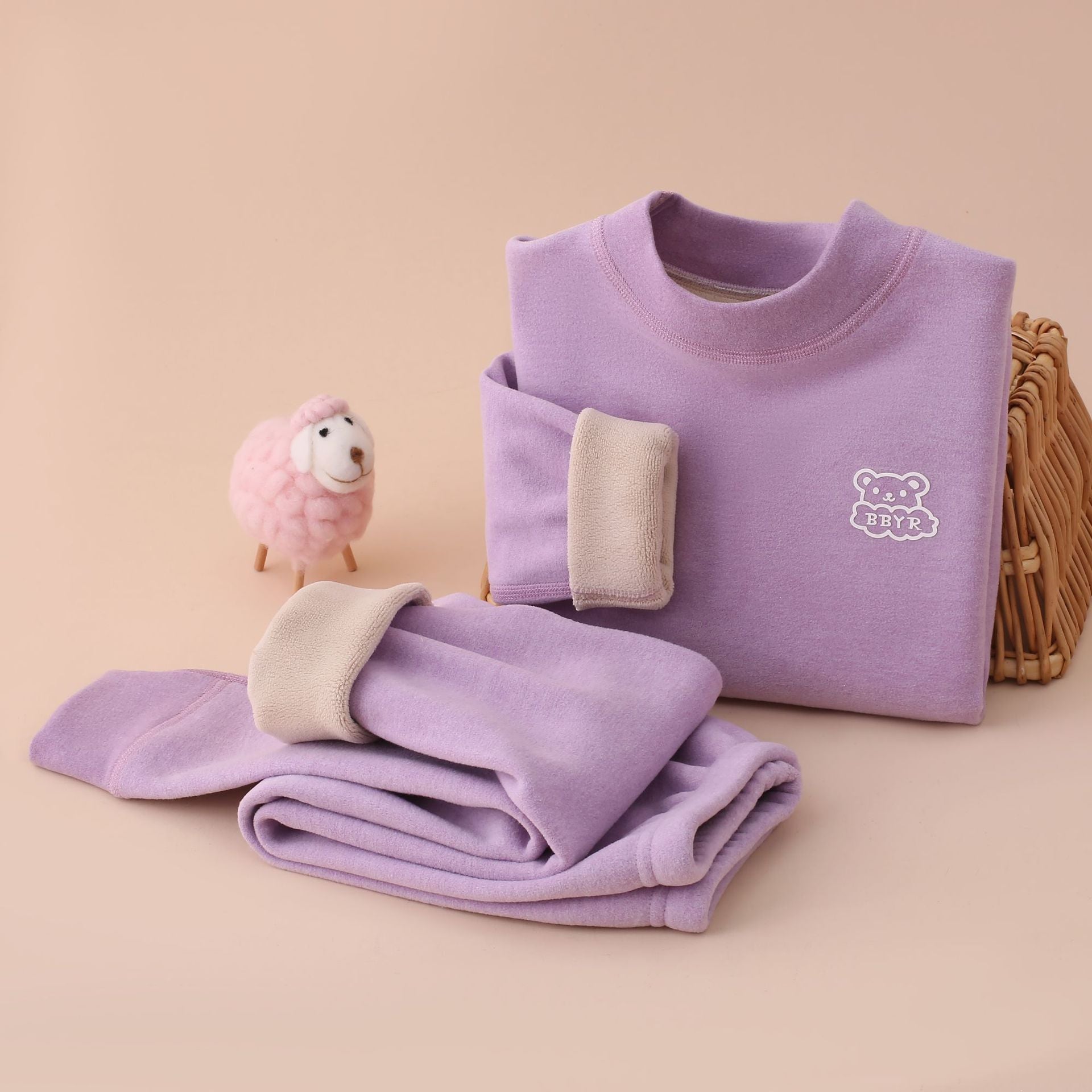 Autumn and winter fleece-lined children's clothing large children's mid-collar autumn pants children's inner warm bottoming shirt children's home clothing suit