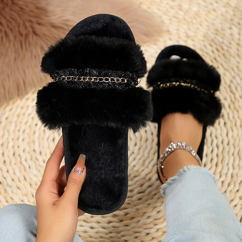 European chain flat fleece-lined thick bottom slippers women's indoor and outdoor winter new cotton slippers a generation of women