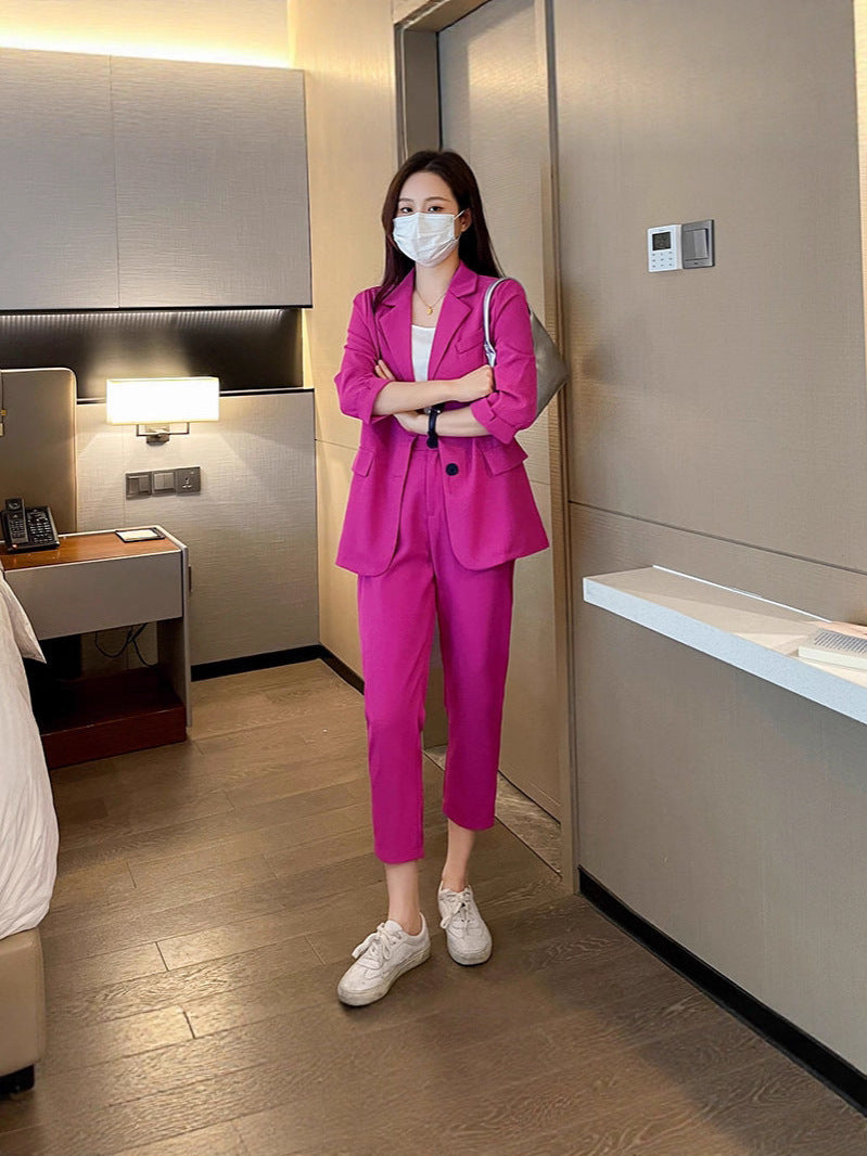 Cross-Border Plus Size Women's Clothing Plus Size Fashion Suit Women's Spring and Autumn Korean Style Temperament Back Slit Cropped Pants Two-Piece Set