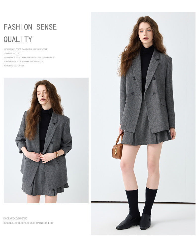 Cross-Border Gray Blazer for Women, New Spring and Autumn Style, High-End, Elegant, Casual, College Style, Korean Version, Loose-Fitting Suit Set