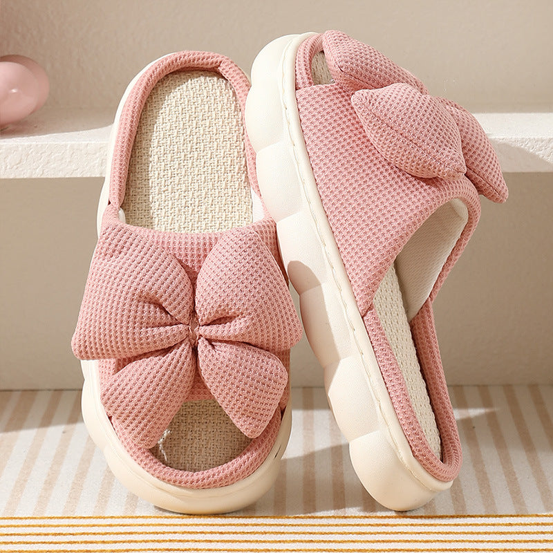 Cross-Border Foreign Trade Bow-Knot Linen Slippers for Women, Summer Home Breathable Non-Slip Comfortable Casual Indoor Thick-Soled Linen Slippers for Women