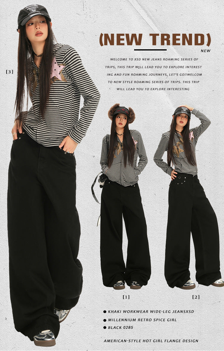 American Retro Pocket Design Black High-Waisted Wide-Leg Pants for Women, New Autumn Loose Drape Slimming Jeans for Women
