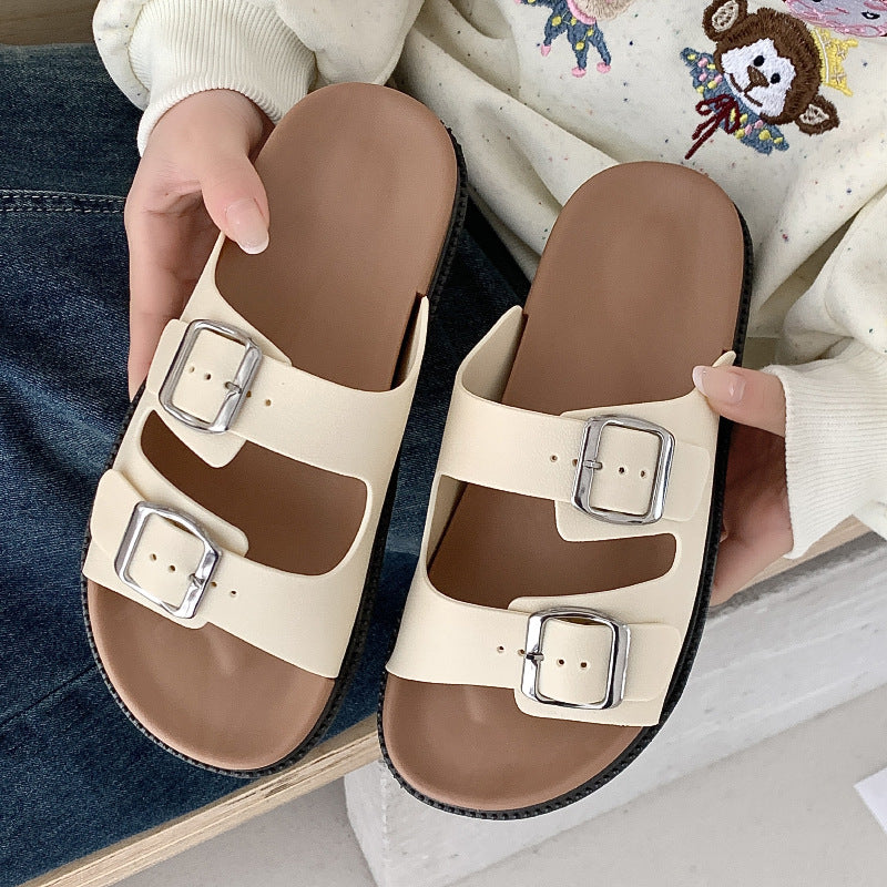 Double-strap Thick-soled Sandals and Slippers Women's New Flat-soled Shops with Square Buckle Korean Style Outer Wear All-match Roman Foreign Trade Beach Shoes