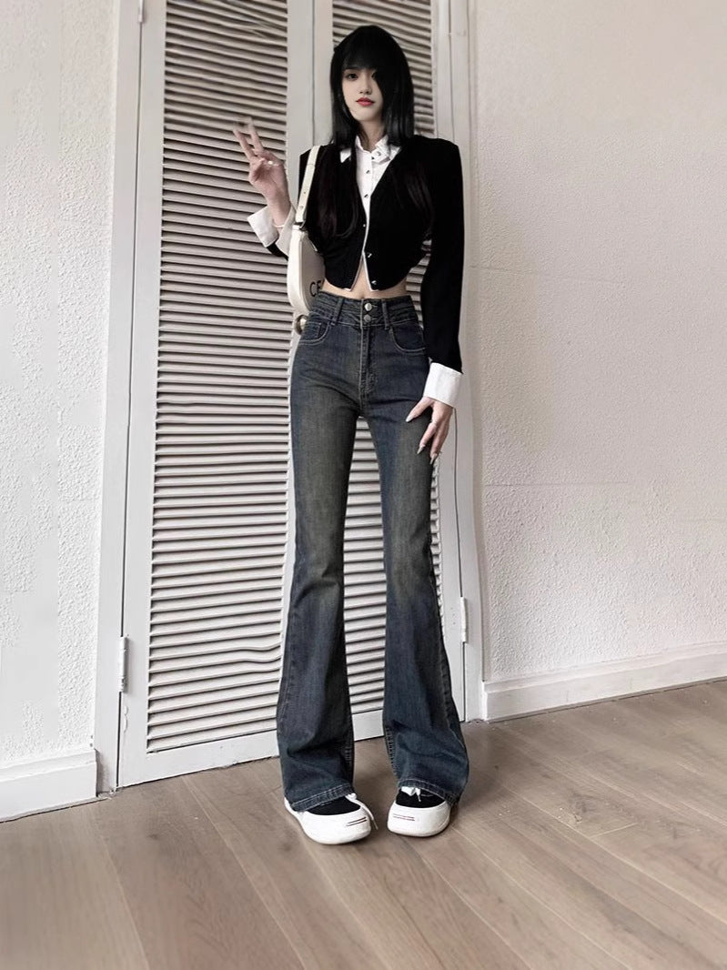 American Retro Denim Flared Pants for Women, Spring and Autumn New Gradient Floor-Length Petite High-Waisted Slimming Bootcut Pants