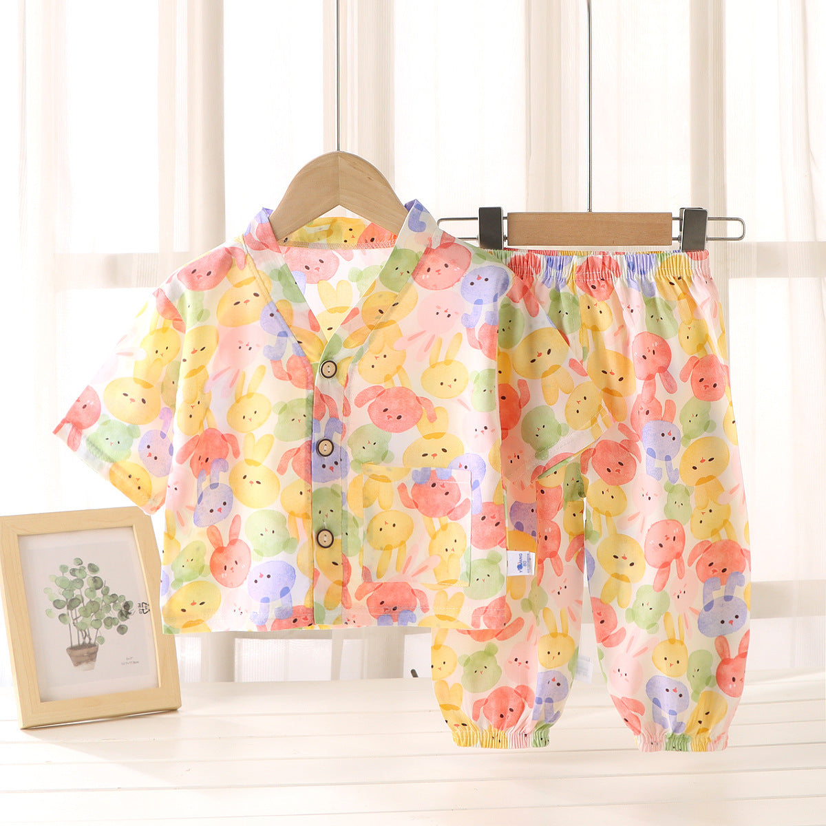 Children's Home Clothes Cotton Silk Suit Summer Boys and Girls Pajamas Artificial Cotton Two-Piece Set Cotton Silk Air-Conditioned Clothes Kidsren's Clothing