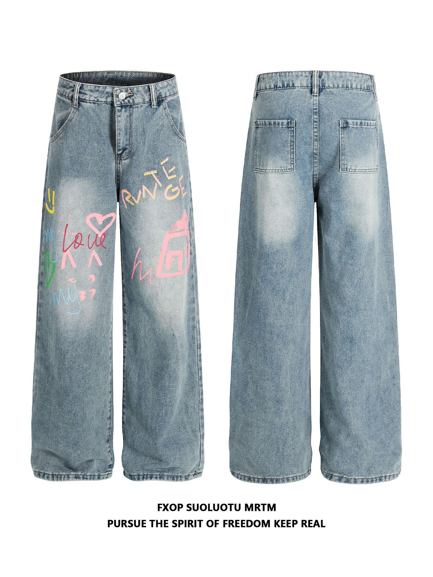 American Retro Niche Graffiti Washed Jeans for Women 2025 New Loose Straight High-Waisted Street Casual Pants