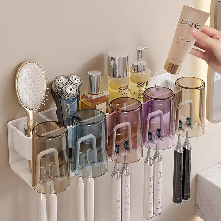 Toothbrush Storage Rack Non-Punch Brush Cup Mouthwash Cup Rack Wall-Mounted Bathroom Household Toothware Hanger