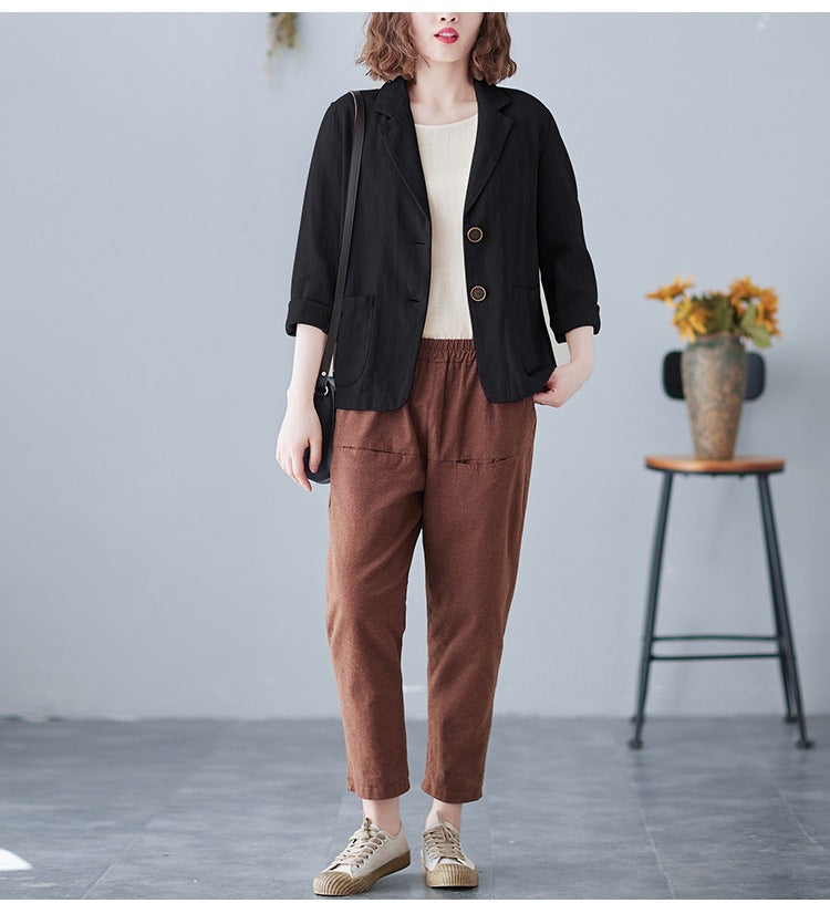 2025 Real Shot of New Cotton and Linen Retro Literary Loose Versatile Casual Long-Sleeved Button-Down Small Suit Short Jacket for Women