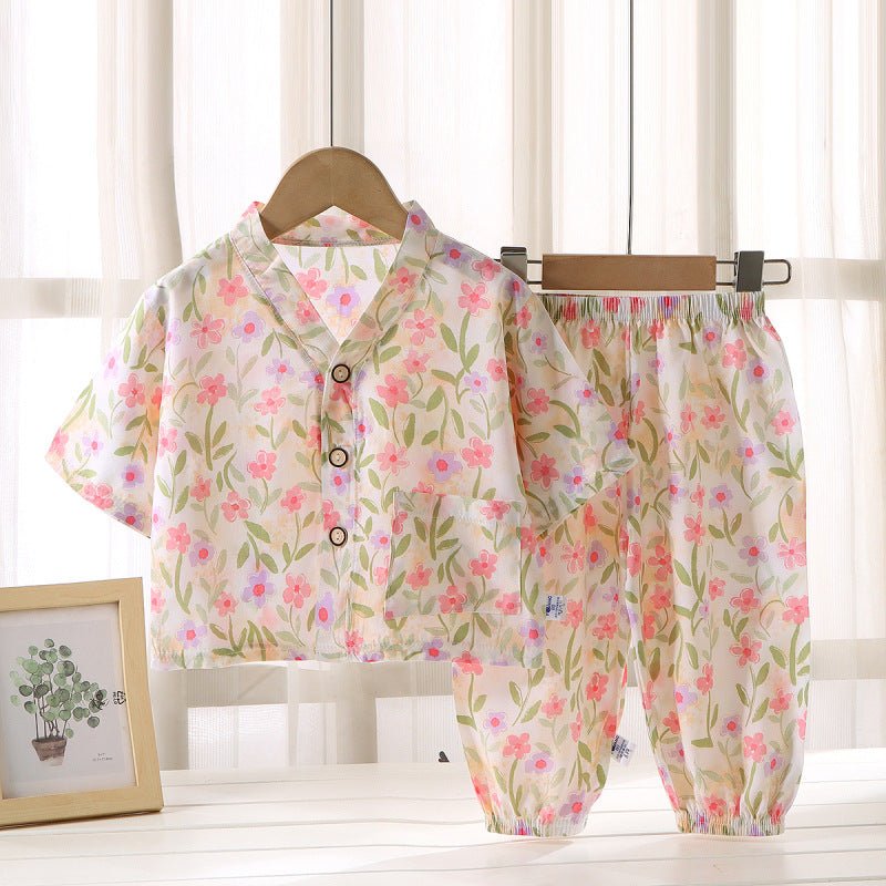 Children's Home Clothes Cotton Silk Suit Summer Boys and Girls Pajamas Artificial Cotton Two-Piece Set Cotton Silk Air-Conditioned Clothes Kidsren's Clothing