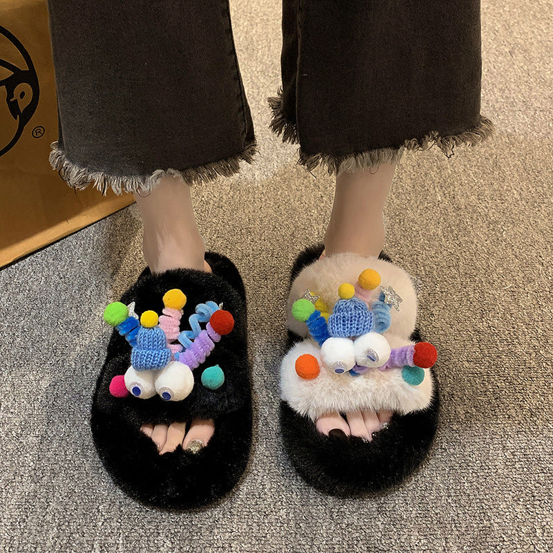 Mao Mao Slippers Women's Outer Wear Autumn and Winter Cute Clown Super Fire Warm Thick Bottom Non-slip Plush Height-increasing Cotton Slippers for Women