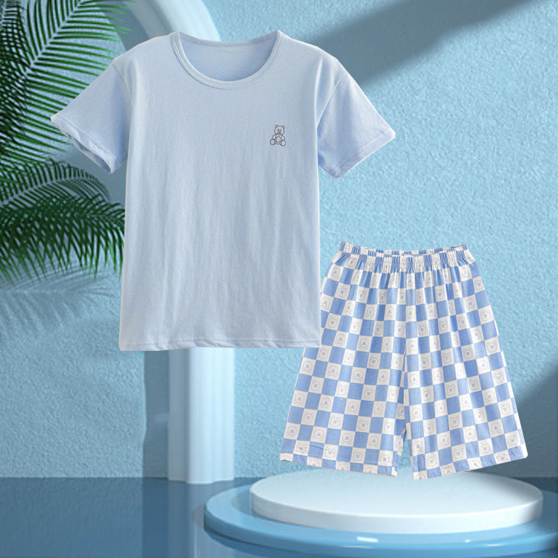 Children's Pajamas, Pure Cotton, Summer Short-Sleeved Shorts Set for Boys, Home Clothes for Girls, Air-Conditioned Clothes for Middle-Aged and Older Boys