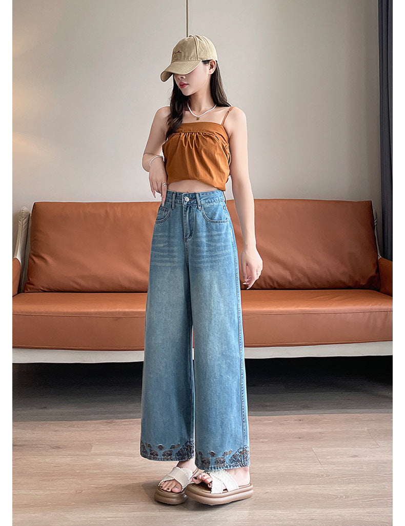 Vintage Embroidered Lace Wide-Leg Jeans for Women 2026 Autumn New Trendy Petite Loose Chinese Style Granny Pants