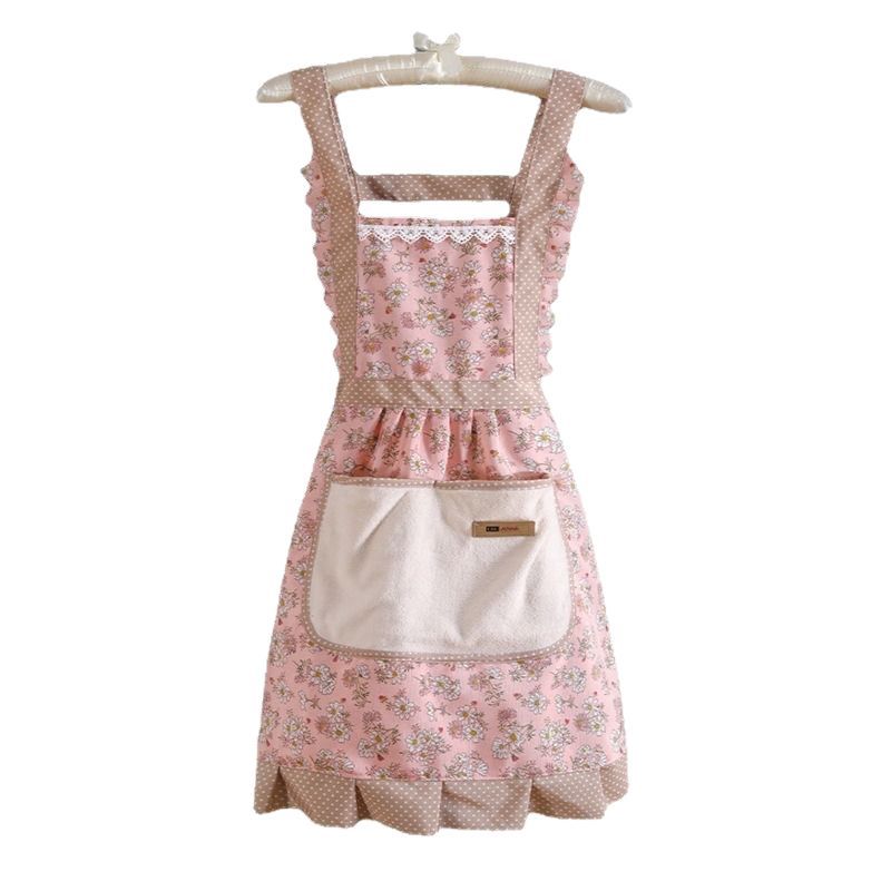 Factory Direct Sales New Kitchen Household Cooking Canvas Cotton Apron Lace Cute Hand-Wipeable Suspenders Pure Cotton for Women