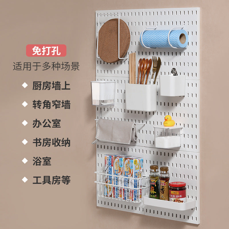 Extra-Large Perforated Board Self-Adhesive No-Drill Storage Rack Kitchen Wall Nail-Free Hanging Board Bathroom Wall Storage Organizer