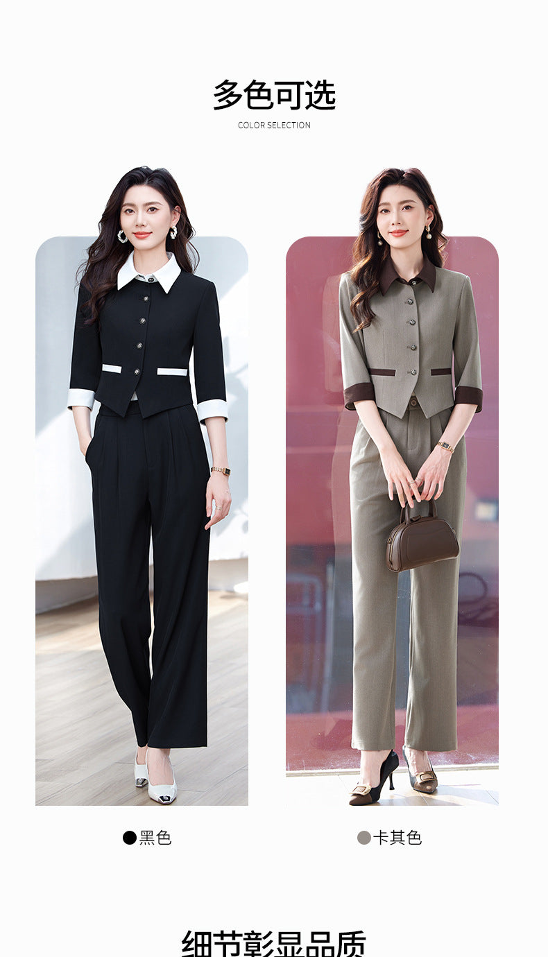 Tweed Style Splicing Jacket with Metal Buckle for Women Spring and Summer New High-End Fashion Doll Collar Elegant Three-Quarter Sleeve Suit
