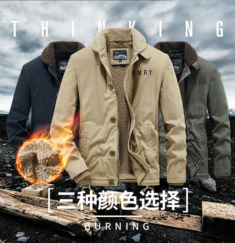 Winter fleece-lined Thickened Cotton-padded Clothes Men's Warm Crock Jacket Youth Wool Collar Retro Casual Cotton-padded Jacket Men's 2188