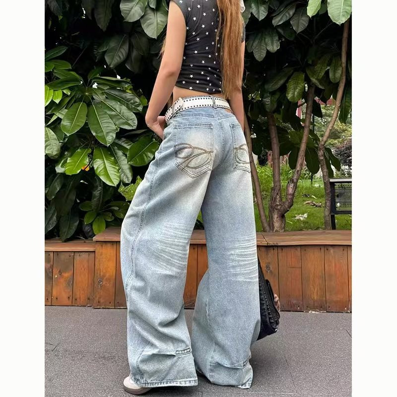 Women's Spring and Summer Thin Drape Jeans 2025 New Fashion High-Waisted Slimming Light Blue Straight Wide-Leg Floor-Length Pants