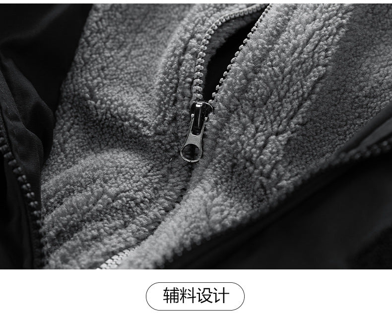 2025 Winter New Cross-Border Men's Cotton Jacket, Faux Two-Piece Solid Color Design with Fleece Lining and Thickened Polar Fleece Cotton Coat