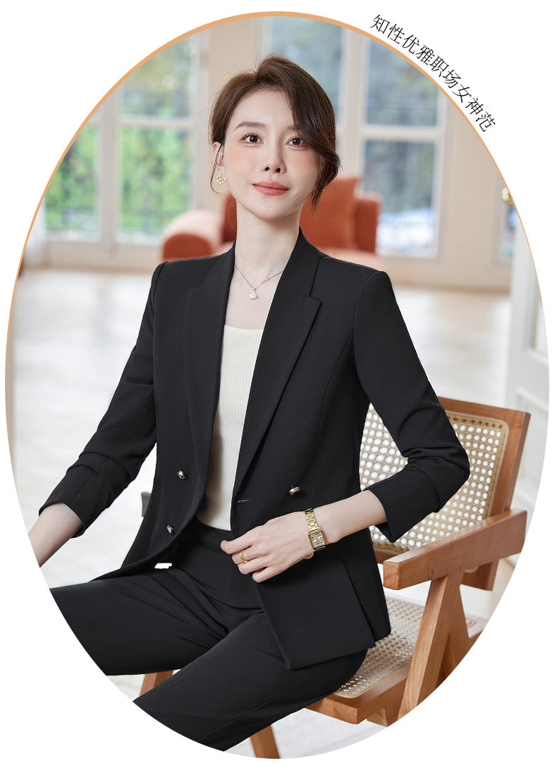 Cross-Border High-End Professional Women's Navy Blue Suit, New Spring and Autumn Style, Elegant Suit Set, Formal Attire for Hotel Sales Managers