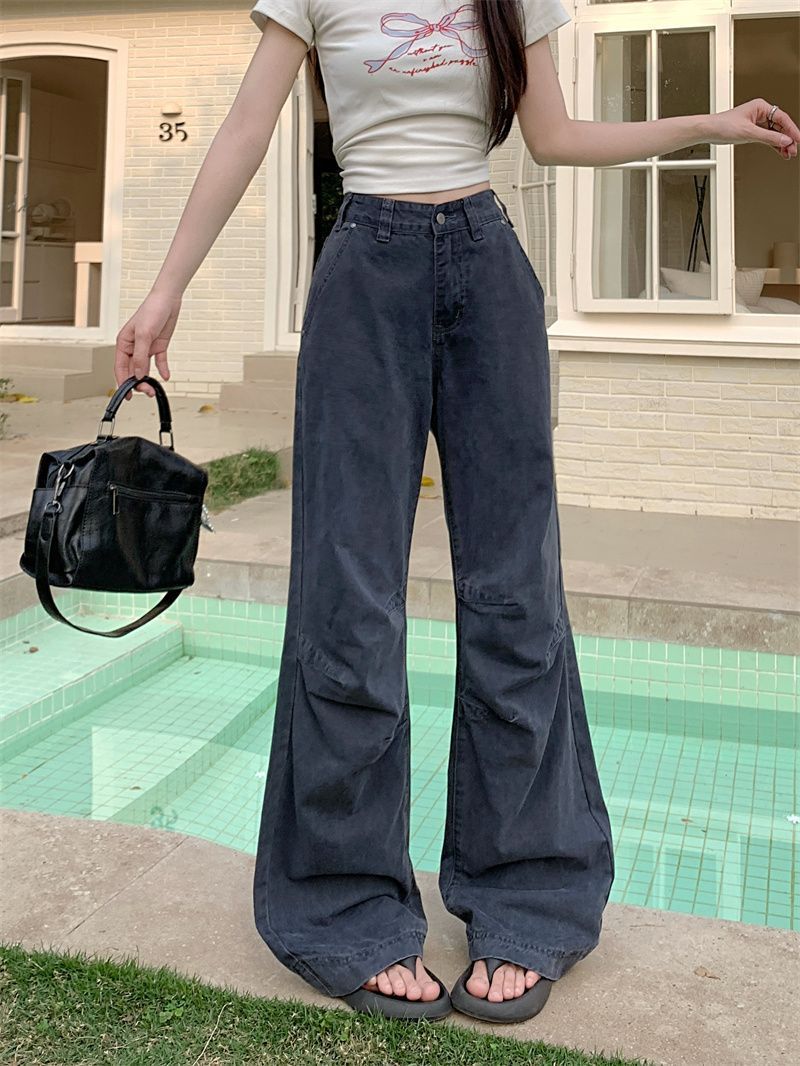 American Retro Design Workwear Jeans for Women New High Street Personalized Pleated Loose Straight Casual Pants