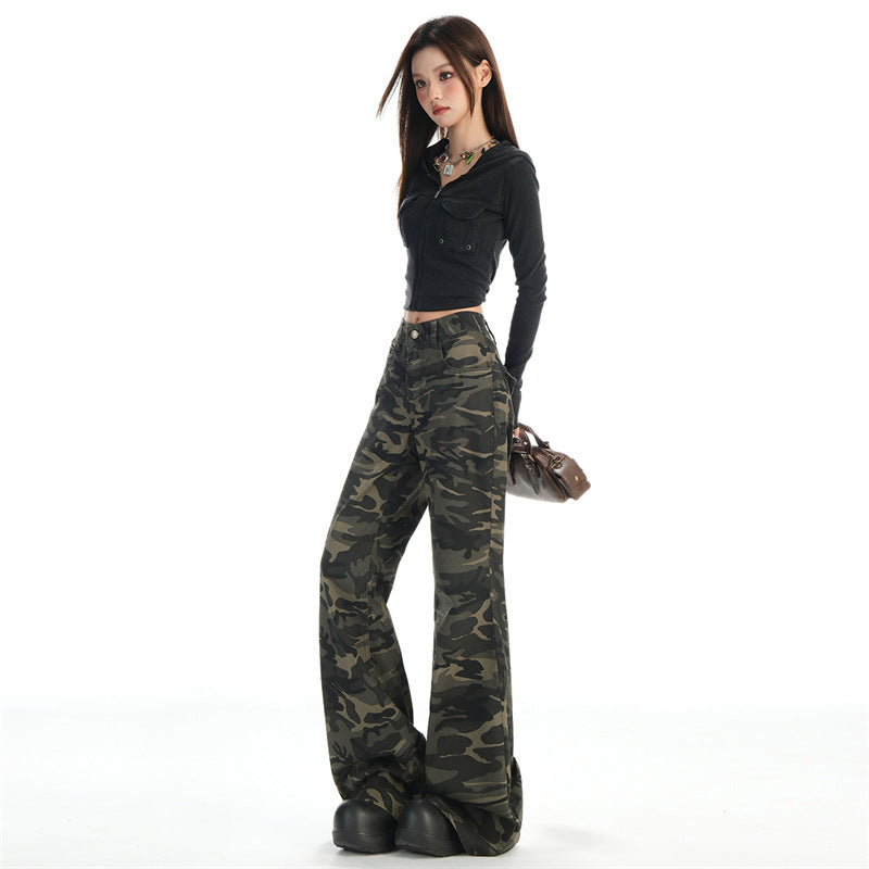 Autumn New Non-Elastic Slightly Spicy Cargo Pants American Retro Camouflage Flap Pocket Design Jeans for Women